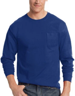 Hanes Men TAGLESS Long-Sleeve T-Shirt With Pocket 5596 -Wacoall Underwear Shop Hanes 5596 Deep Royal T