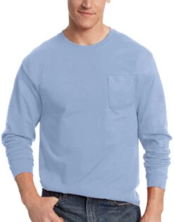 Hanes Men TAGLESS Long-Sleeve T-Shirt With Pocket 5596 -Wacoall Underwear Shop Hanes 5596 Light Blue T