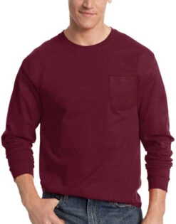 Hanes Men TAGLESS Long-Sleeve T-Shirt With Pocket 5596 -Wacoall Underwear Shop Hanes 5596 Maroon T
