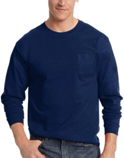 Hanes Men TAGLESS Long-Sleeve T-Shirt With Pocket 5596 -Wacoall Underwear Shop Hanes 5596 Navy T