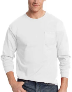 Hanes Men TAGLESS Long-Sleeve T-Shirt With Pocket 5596 -Wacoall Underwear Shop Hanes 5596 White T